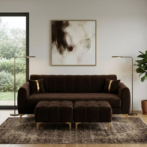 Image of Hermione 5 Seater L Shape Sofa Set with 2 Movable Ottoman | Flexible Left or Right Layout | Luxe Velvet Suede Fabric | Comfortable Seating | Modern Sofa for Living Room - Dark Brown