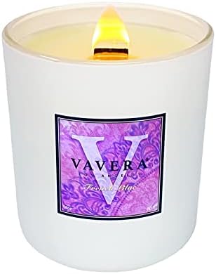 VAVERA French Lilac Long Burning Wooden Wick Natural Soy Luxury Candles (14oz/80 hr/Matte White Jar). Escape to The French Countryside. Vegan Soy Candles Hand-Crafted in The USA.
