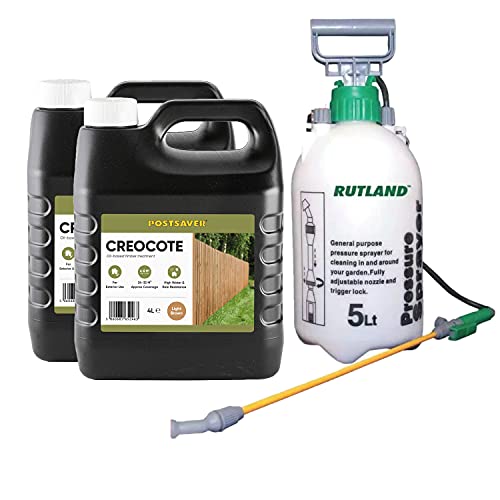 Postsaver Creostain Creocote & Sprayer | Oil-Based Timber Wood Treatment | Creosote Substitute | for Fences & Sheds | 8 Litre + Sprayer (Light Brown)