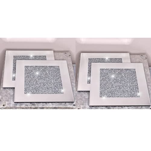 4PC Set Diamond Crystal Crushed Mirrored Square Glass Serving Mats Placemats to Bling Your Home Office Luxury Decor- 30 x 30cm (Silver)