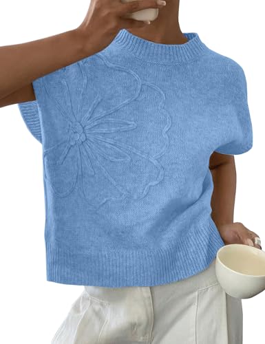 Image of 2026 Womens Floral Sweater Vest Cute Cap Sleeve Tops 3D Flower Decor Knit Tank Top Loose Spring Fall Summer Clothes
