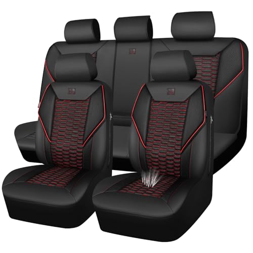 CAR PASS 3D Foam Mesh Leather Car Seat Covers Full Set,Breathable Mesh Faux Leather Seat Covers for Car,Universal Fit for SUV Truck Sedan Automotive, Armrest Airbag Compatible,Black and Red