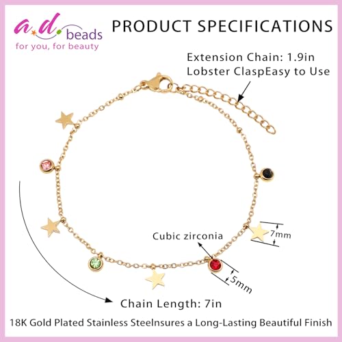 Image of 18K Gold Plated Stainless Steel Dainty Charms Colorful Crystal Birthstone Bracelet Minimalist Cute Jewelry for Women