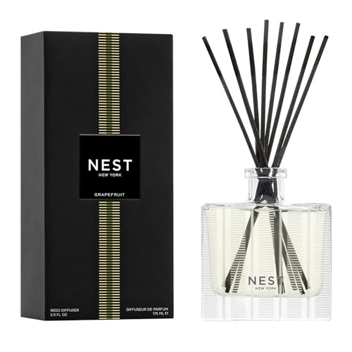 NEST New York Reed Diffuser, Grapefruit - 5.9 fl oz - Fragrance for Up to 90 Days - Reusable, Refillable Glass Holder - Includes 8 All-Natural Reed Sticks - Flame Free