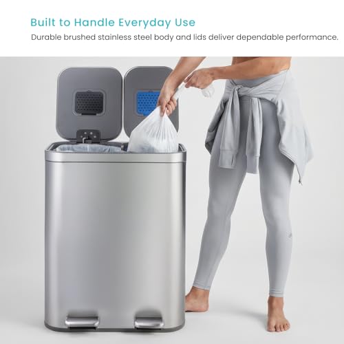 Image of Home Zone Living 13 Gallon Kitchen Trash Can with Dual Compartments | Stainless Steel with Soft-Close Step Pedal Lids for Recycling and Bag Storage Drawer, Rectangular Design, Silver