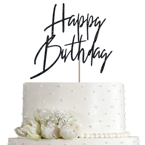 AMINJIE Decoración para tarta de cumpleaños con purpurina negra, decoración de fiesta de cumpleaños