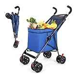 Carrello della spesa pieghevole con ruota girevole a 360°, capacità 27,2 kg, passeggino leggero per animali domestici, carrello portatile blu per generi alimentari e uso esterno
