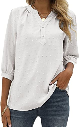 NIUHE Blusas de Mujer Blusas Casual Cuello en V Elegante Color sólido Suelto Vintage Básico Top Blusa de Moda(Blanco,M) Cover