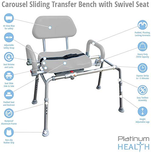 Carousel Sliding Transfer Bench with Swivel Seat. Premium Padded Bath and Shower Chair with Pivoting Arms. Space Saving Design for Tubs and Shower.