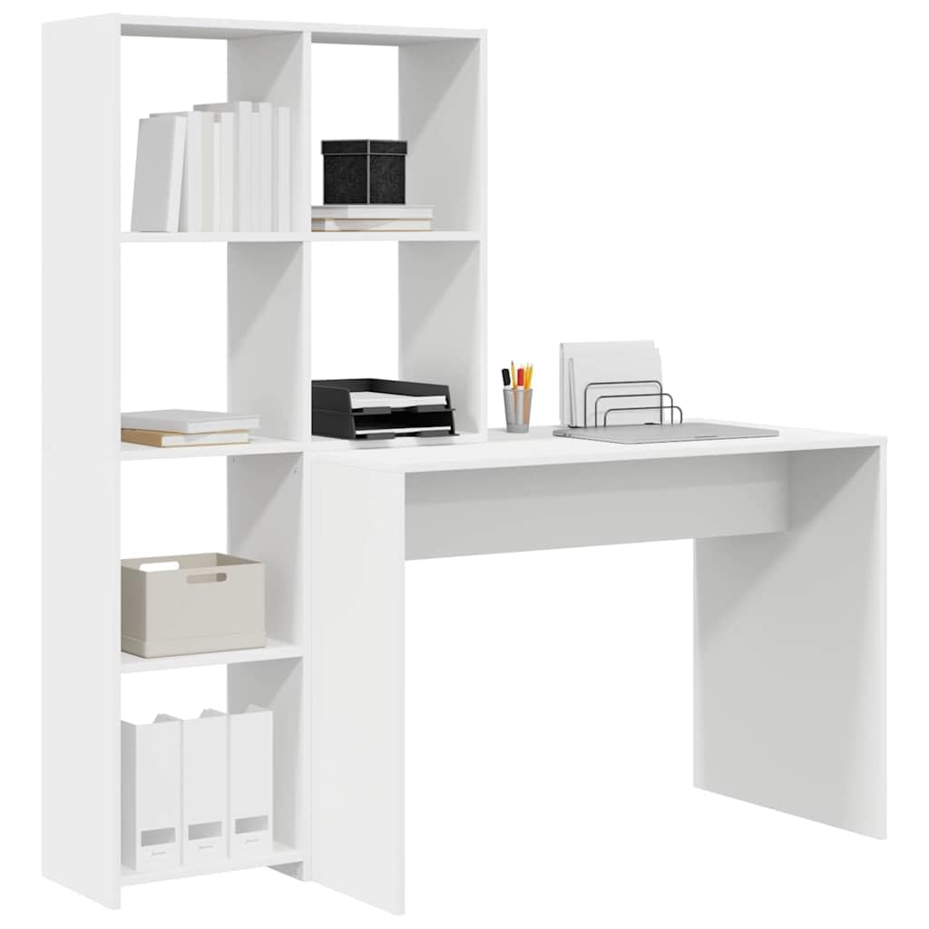 Scrivania bianca con ripiano in legno, 138,5 x 55 x 143 cm, 4 ripiani, scrivania per computer, tavolo da lavoro, scrivania da ufficio, per PC, laptop, home office, salvaspazio e durevole, per
