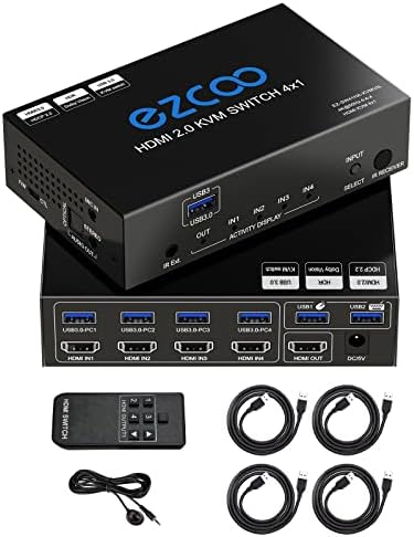 USB 3.0 KVM Switch HDMI 4 Computer 1 Monitor 4K 60Hz SPDIF L/R Extractor- USB Switch for Keyboard Mouse Printer Mac Windows 4 Port HDMI Switch 4x1 1080p 120Hz 144Hz HDCP Pass, IR Remote Ext. Mic