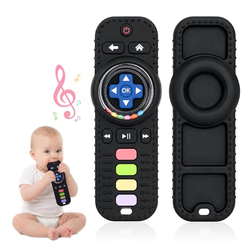 Orzbow Teething Toys for Baby Silicone Baby Remote Control Toy Baby Teething Toy with Baby Rattle Ring Soothing Teethers for Babies 3-6 Months Sensory Toys Newborn Gifts Black