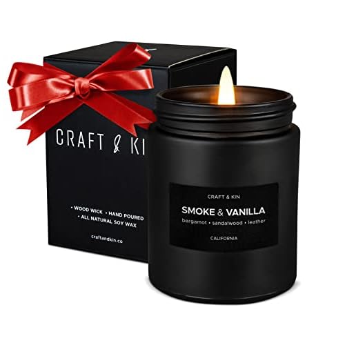 Craft & Kin Smoke & Vanilla Candle | Scented Candle for Men | Masculine Candle | Soy Candle | Scented Candle for Home Scented | Black Candles | Long Lasting Candles with 45 Hour Burn Time 7.6oz