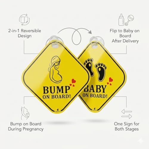 Image of 2-in-1 Reversible Baby on Board & Bump on Board Car Hanging Sign - Mom on Board Pregnancy & Newborn Safety Sign for Rear Windshield with Suction Cup, 300 GSM Laminated Board, 14.5 cm, Yellow (2, 14.5 x 14.5 cm)