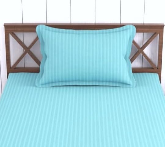 Image of Trance Home Linen 100% Cotton 78x36 inch Single Fitted 200TC Satin Stripe Elastic Fitted Bedsheet | Single Bed Size Daily use Fitted Bedspread with 1 Pillow Covers (78 inchx36 inch | 6.5x3 feet,Sea Blue)