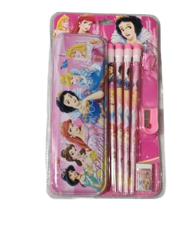 Image of Kidox Stationery Set for Kids- Birthday Gift for Girls, Boys - Metal Geometry Box for Girls & Boys Kids Pencil Box Set, Pencil Case Set, Pencil, Erasers, Sharpener for Children-Pink-Princess
