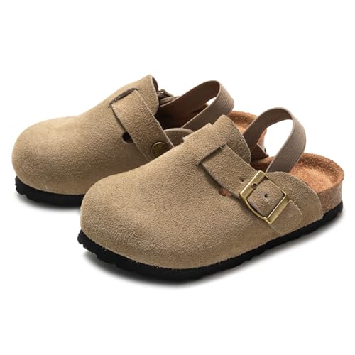 GIWONET Kids Suede Clogs Toddler Clog Boys Girls Slippers Slip On Potato Shoes Cork Footbed Sandals Mules with Adjustable BuckleTaupe4-4.5 Toddler