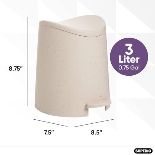 Image of Superio Eco-Friendly Small Plastic Bathroom Trash Can with Lid 3 Liter Modern Curved Step On Trash Can with Foot Pedal, Mini Kitchen Waste Bin, Durable and Soft Close for Bedroom, Office, Under Desk