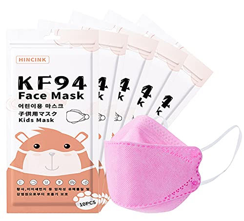 [Pack of 10] Kids Disposable Face Masks, Individually Wrapped 4-Layers Premium kf94 mask kids colorful Earloop(Age 3 to 9) (Kid 20pcs, Pink)