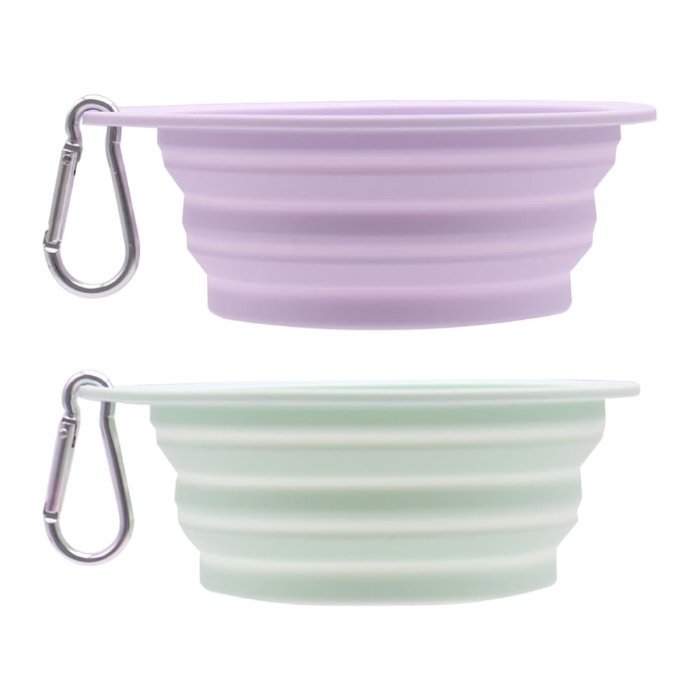 Collapsible Dog Bowl 2 Pack, Portable Silicone Pet Food & Water Travel Bowls with Carabiner Clips, Foldable Puppy Cat Dish for Walking, Hiking & Camping (Light Green & Purple)