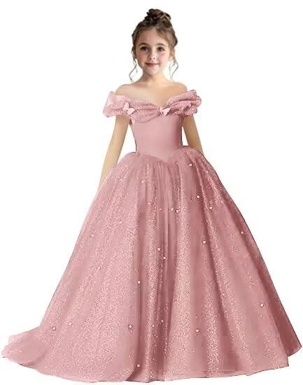 CHONLuo Sparkling Flower Girl Dresses for Wedding Off Shoulder Pageant Dress for Girls Junior Bridesmaid Dresses