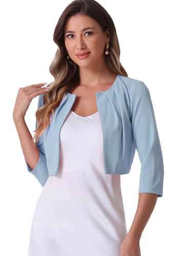 Image of Allegra K 3 /4 Sleeve Shrug Top for Women's Collarless Pleated Open Front Cropped Cardigan