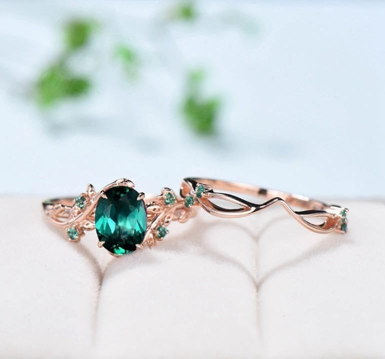 Generic Nature Inspired Leaf emerald wedding ring set unique twig oval cut emerald engagement ring Art deco rose gold Branch anniversary ring3