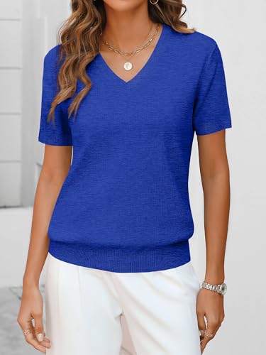 Image of ANRABESS Women Wool Blend Sweater Summer 2026 Short Sleeve V Neck Pullover Top Business Casual Outfit Beach Vacation Clothes