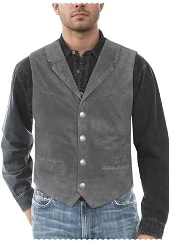 Men's V-Neck Suede Suit Vest Business Cowboy Faux Leather Waistcoat with Pockets