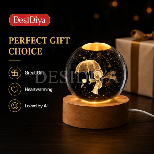 Image of Desidiya 3D Crystal Ball Night Light | Engraved Monsoon Boy Crystal Ball LED Night Light with Wooden Base, USB Powered | Romantic Home Decor & Rakshabandhan Gift for Bro, Him & Couples (Warm White)