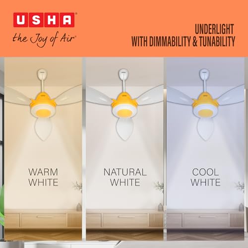 Image of USHA Bloom Lily Glow BLDC Ceiling Fan with 3-Mode Underlight |RF Remote | 100% Copper Motor |Whisper-Quiet |Dust-Resistant |BEE 5 Star Rated |3-Year Motor & 2-Year PCB Warranty |White & Saffron Yellow