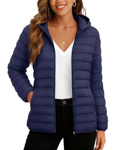 TACVASEN Womens Puffer Jacket with Hood Ultra-light Zip-up Water-resistant Pockets Padded Jacket Winter Coat,Navy Blue M