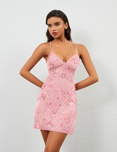 Women Sequin Sparkly Rhinestone Mini Dress Sleeveless Backless Deep V Neck Glitter Short Cami Dress Party Clubwear3