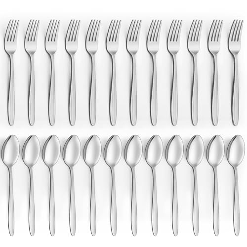 Image of Unokit Forks and Spoons Silverware Set - 24-Piece Food Grade Stainless Steel Silverware for Home, Kitchen and Restaurant, 12 Forks and 12 Spoons