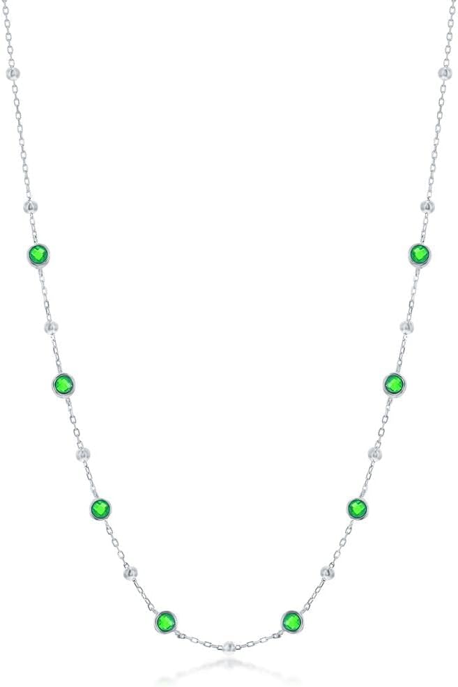 Bezel-Set Created Diamond/Emerald/Sapphire/Ruby 16+2" Beaded Station Necklace - Sterling Silver Jewelry for Women