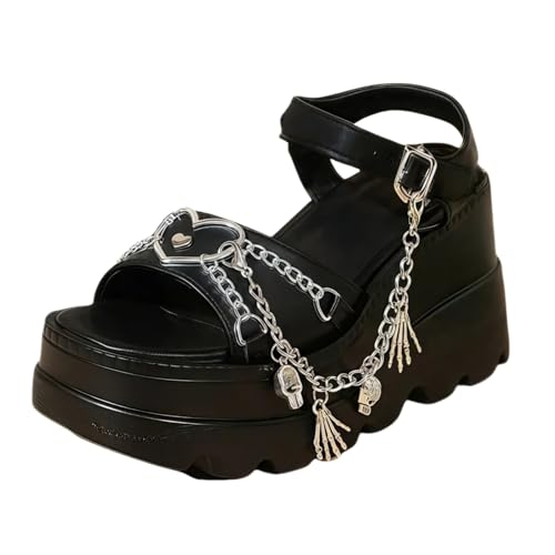 Women's Vegan Chunky Goth Footwear Punk Style Shoes with Skull Stars Cross Heart Chain Rivet Open Toe Slip on Platform Wedge Slide Sandals Summer Punk Beach Slipers