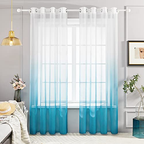 Deconovo Lot de 2 Rideaux Voilages, Bleu, 140 x 215 CM, Dégradé de Couleur, Décoration Rideau à Oeillets pour Chambre Enfant Fille Salon Maison Fenêtre Balcon Cover