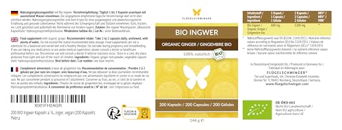 200 BIO Ingwer Kapseln a´600 mg, hochdosiert, in Deutschland hergestellt, nach EU-ÖKO-Standard kultiviert, zertifizierte Bio-Qualität, Ginger, vegan