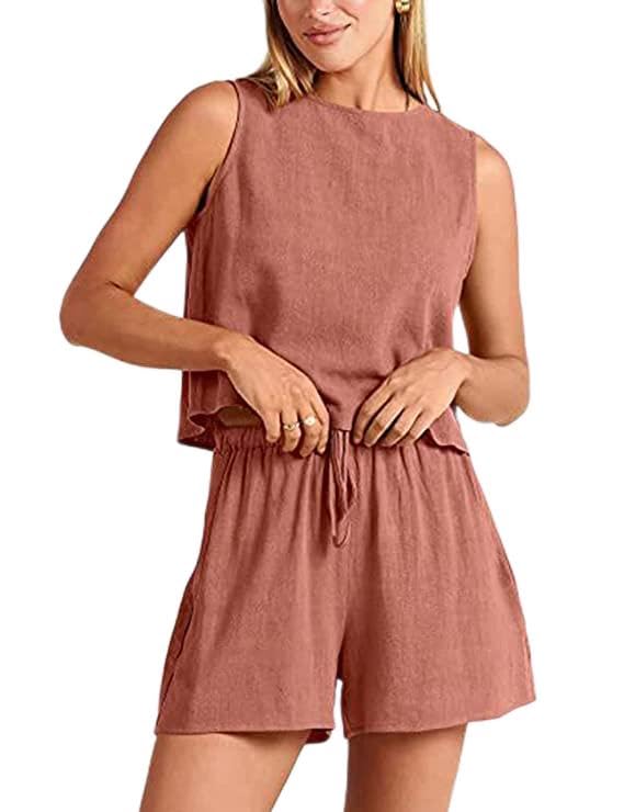 EYNDYN Conjunto de 2 piezas de lino para mujer, conjunto de pantalones cortos sin mangas, ombliguera sin mangas, pantalones cortos bohemios de verano con bolsillos, Naranja, X-Large