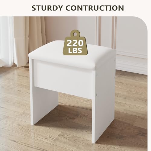 Image of LIVELYGLOW Small Makeup Vanity Stool,15.7 inch W x 10.2 inch D x 16.7 inch H，White（Easy Assembly,PU Cushion Mat, Footstool）