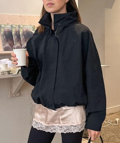 Crop Jackets for Women Streetwear Turtleneck Cropped Trench Coat Lightweight Zip Up Jackets for Women3