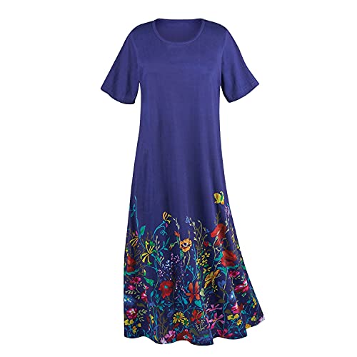 La Cera Womens Wildflowers T-Shirt Dress - Long Royal Blue Short Sleeve Gown - 2X #TOP19