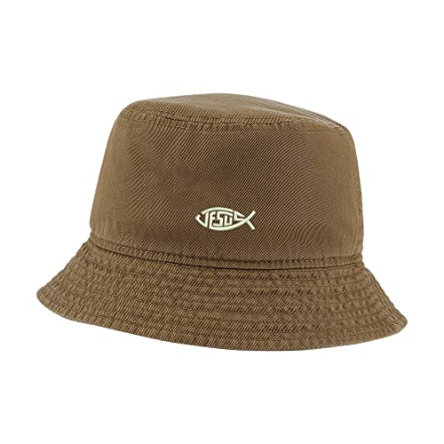 LexiuYibai Bucket Hat for Men Women Jesus Christian Fish Embroidered Washed Cotton Unisex Bucket Hats (Khaki,7 1/2)