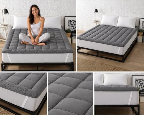 Image of 1200GSM Hollow Fibre Mattress Padding /Topper Grey for Queen Bed-60 Inch X 78 Inch