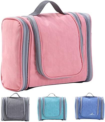 FIHAP Travel Toiletry Bag for Men and Women, Expandable Hanging Makeup Bag, Waterproof Travel Size Toiletries Kit Organizer, PU Leather Cosmetic Bags with Zipper for Travel Essentials Case (Pink)