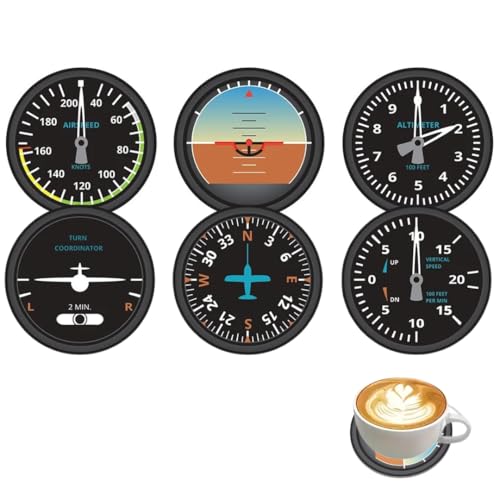 Juego de 6 Posavasos de Avión con forma de Instrumentos Aeronáuticos para Pilotos y Amantes de la Aviación, Posavasos Originales de madera para Bebidas Cafe, te, Cerveza, Vino para Casa y Restaurantes