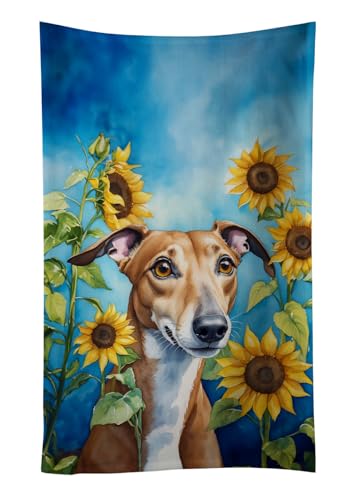 Caroline's Treasures Greyhound in Sunflowers Kitchen Towel Dish Cloths Guest Hand Towel Decorative Bathroom Towel for Face,Tea, Dishcloth, Kitchen and Bath