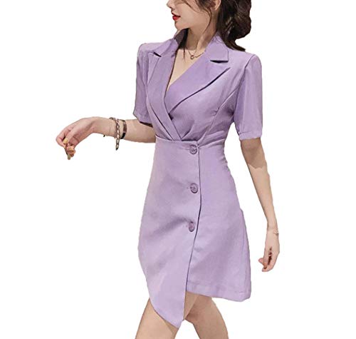 LYTDD Vestidos para mulheres saia branca preto púrpura laranja vestido de moda coreano fato cintura saia irregular vestido de manga curta, Roxo e amarelo:, 36