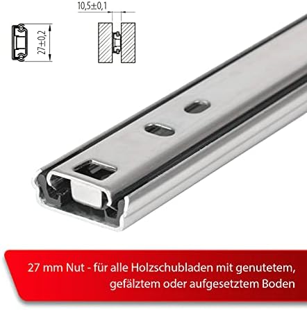 LouMaxx Ball Bearing Drawer Runners, Set of 2, 27 mm Groove, Drawer Rail System with Partial Extension, 350 mm