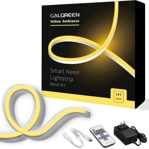 Galgreen Neon Rope Lights, 16.4ft Rope Lights with Dimmable Remote and Adapter, Waterproof Flexible Smart Led Strip Lights for Bedroom, Super Bright, DIY Neon Sign, Indoors Outdoors Wall Decor, Yellow